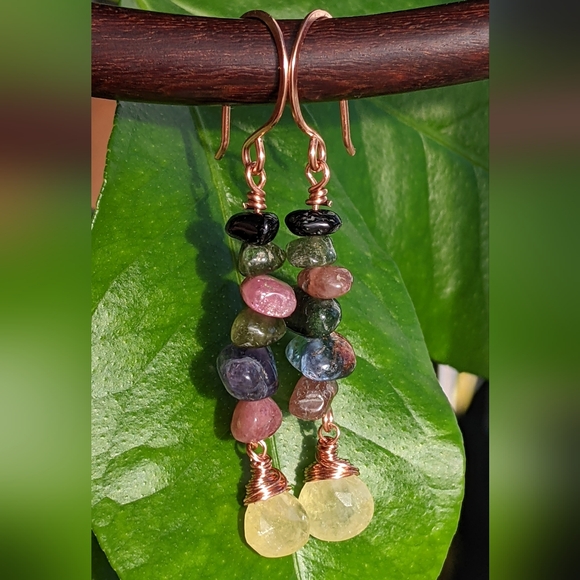 Rainbow Tourmaline Gemstone Earrings Artisan Copper Wire Wrap Design - Picture 8 of 14